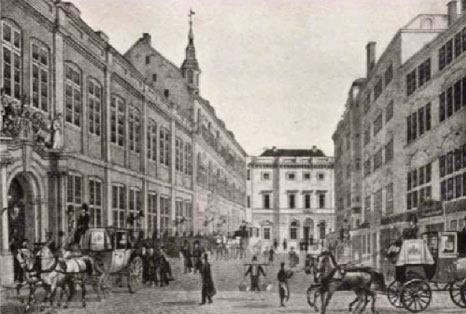 Altes Rathaus (links), Alte Bank (Mitte), Kaiserhof (rechts), um 1830