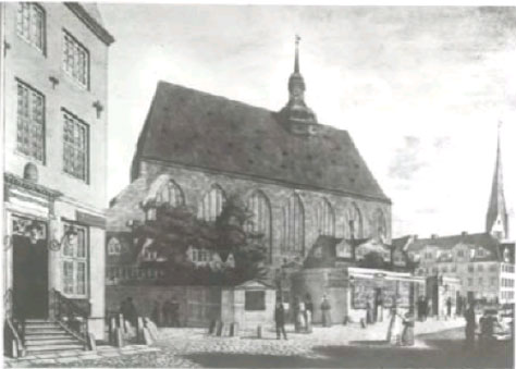 St.-Johannis-Kirche an der Großen Johannisstraße, 1829 (links das ehemalige Gebäude der Patriotischen Gesellschaft von 1765)