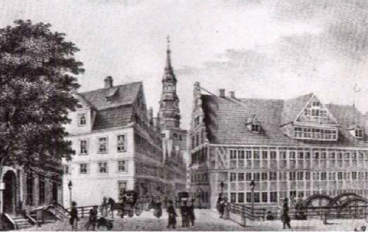Mühlenbrücke (Richtung Großer Burstah), kurz vor 1842 (Darstellung Peter Suhr)