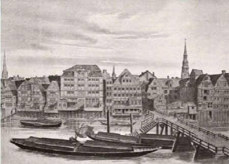 Scheelengangsbrücke (heute Adolphsbrücke) über das Alsterfleet, vor 1842